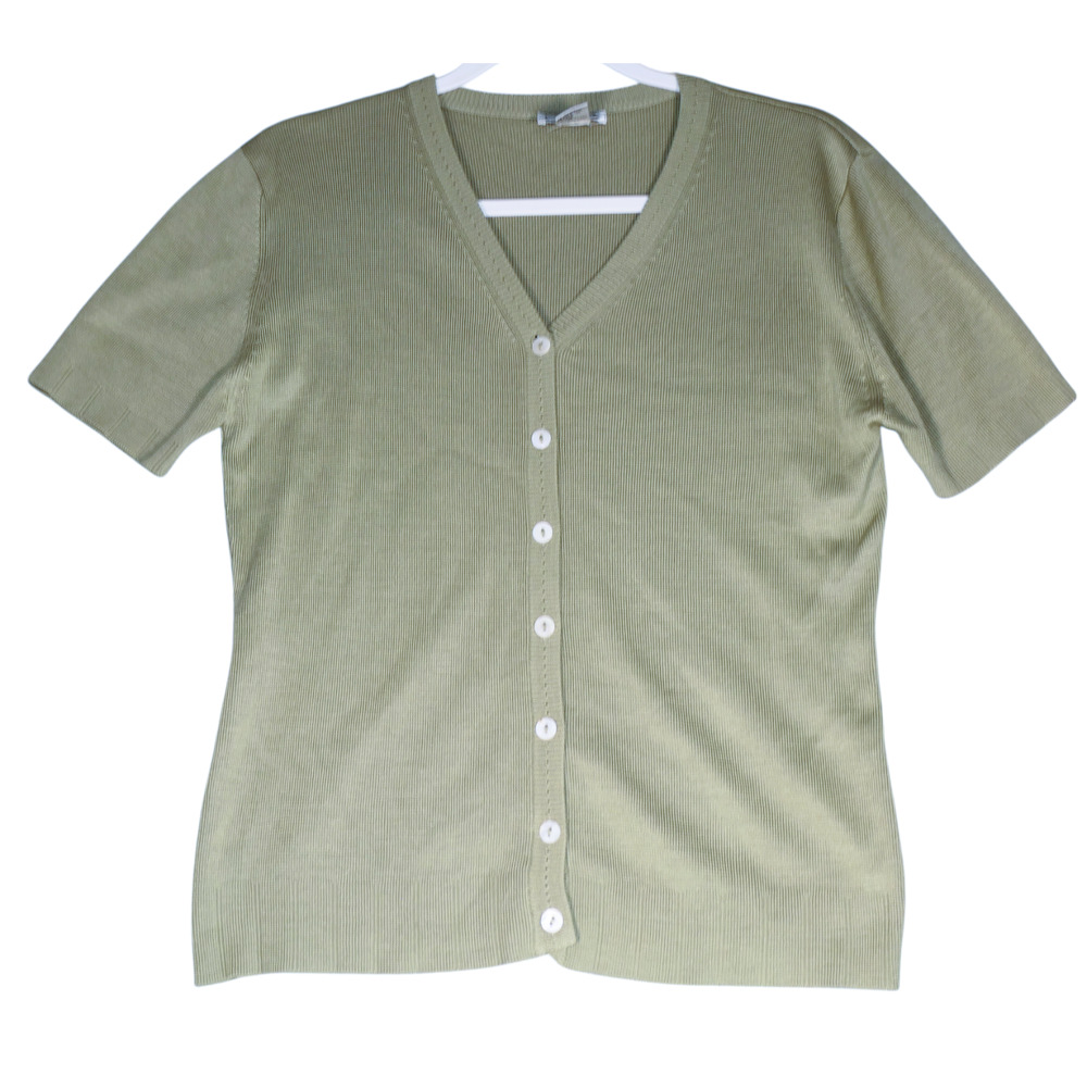 Anna Gray Sweater Womens Medium Green 100% Silk Short Sleeve Minimalist Capsule